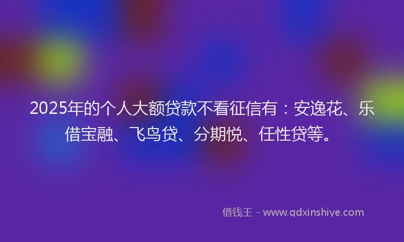 2025年的个人大额贷款不看征信有：安逸花、乐借宝融、飞鸟贷、分期悦、任性贷等。