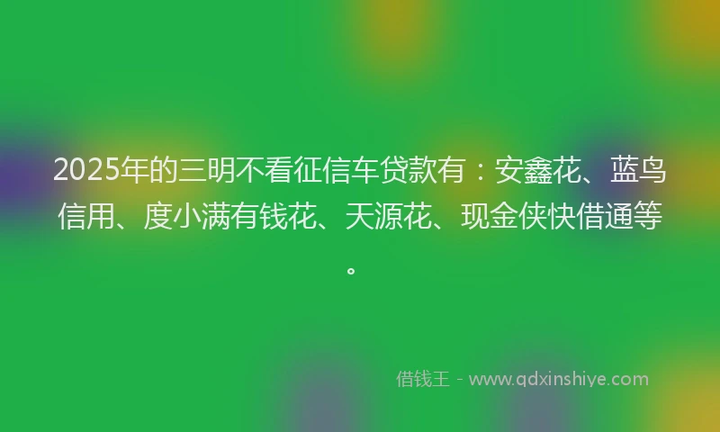 2025年的三明不看征信车贷款有：安鑫花、蓝鸟信用、度小满有钱花、天源花、现金侠快借通等。