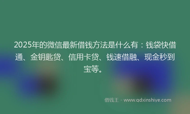 2025年的微信最新借钱方法是什么有：钱袋快借通、金钥匙贷、信用卡贷、钱速借融、现金秒到宝等。