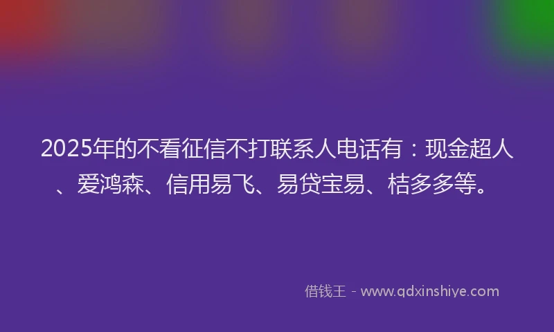 2025年的不看征信不打联系人电话有：现金超人、爱鸿森、信用易飞、易贷宝易、桔多多等。