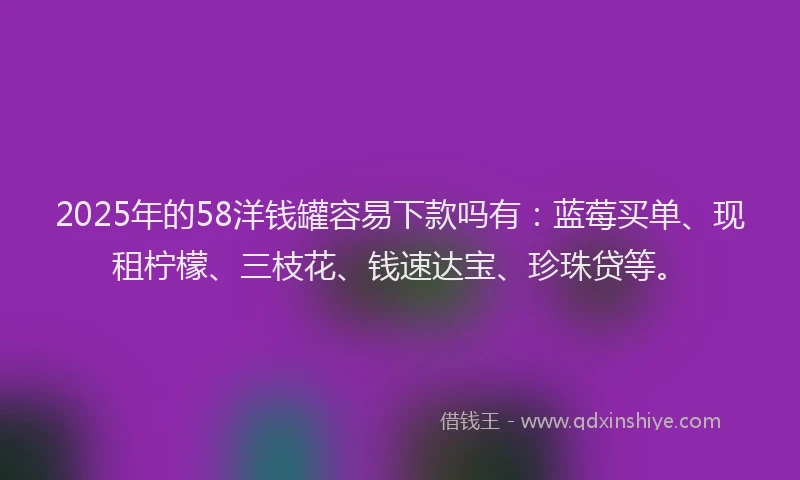 2025年的58洋钱罐容易下款吗有：蓝莓买单、现租柠檬、三枝花、钱速达宝、珍珠贷等。