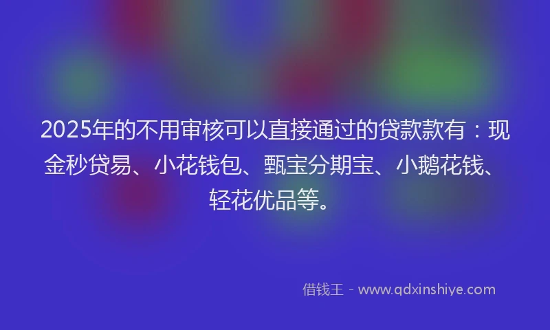 2025年的不用审核可以直接通过的贷款款有：现金秒贷易、小花钱包、甄宝分期宝、小鹅花钱、轻花优品等。