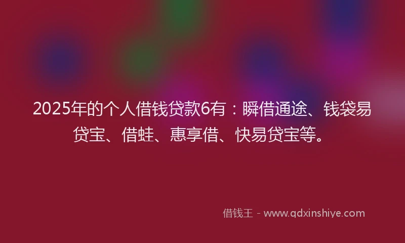 2025年的个人借钱贷款6有：瞬借通途、钱袋易贷宝、借蛙、惠享借、快易贷宝等。