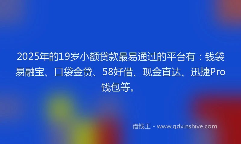 2025年的19岁小额贷款最易通过的平台有：钱袋易融宝、口袋金贷、58好借、现金直达、迅捷Pro钱包等。
