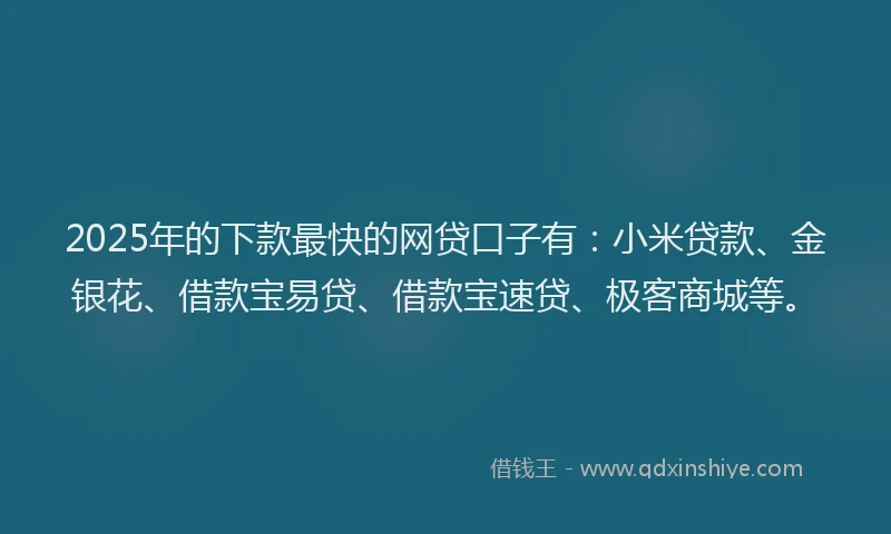 2025年的下款最快的网贷口子有：小米贷款、金银花、借款宝易贷、借款宝速贷、极客商城等。