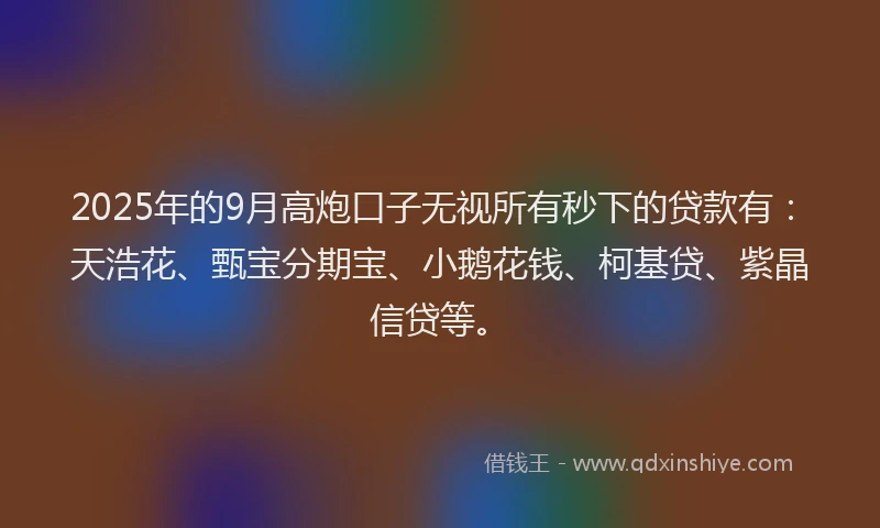2025年的9月高炮口子无视所有秒下的贷款有：天浩花、甄宝分期宝、小鹅花钱、柯基贷、紫晶信贷等。