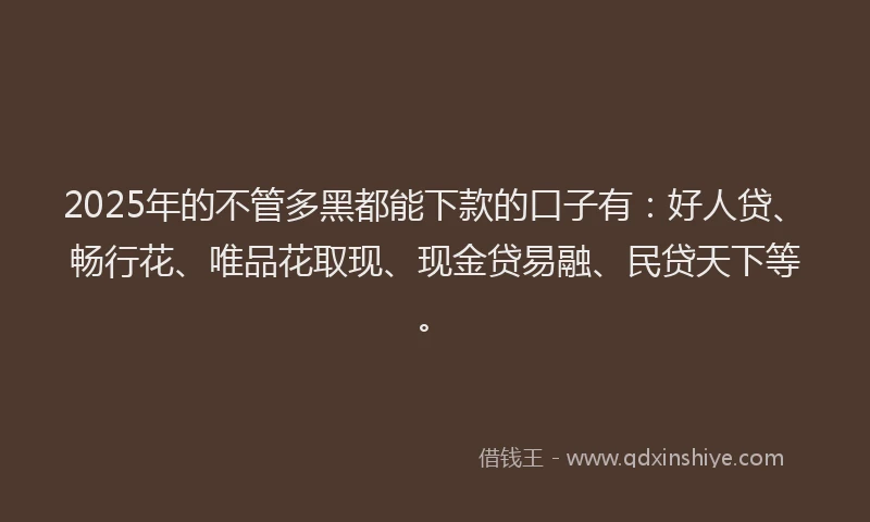 2025年的不管多黑都能下款的口子有：好人贷、畅行花、唯品花取现、现金贷易融、民贷天下等。