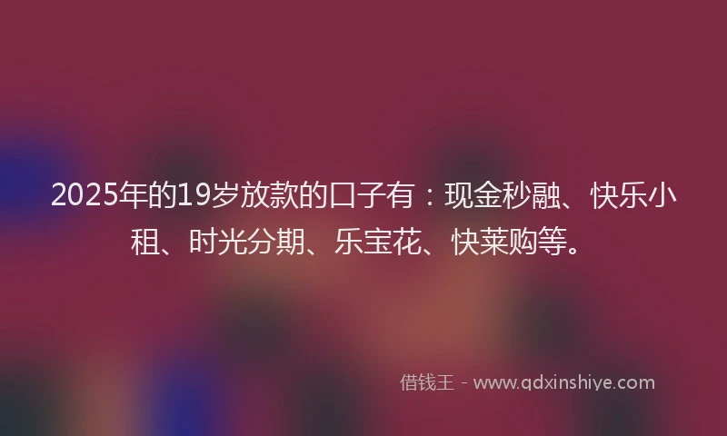 2025年的19岁放款的口子有：现金秒融、快乐小租、时光分期、乐宝花、快莱购等。