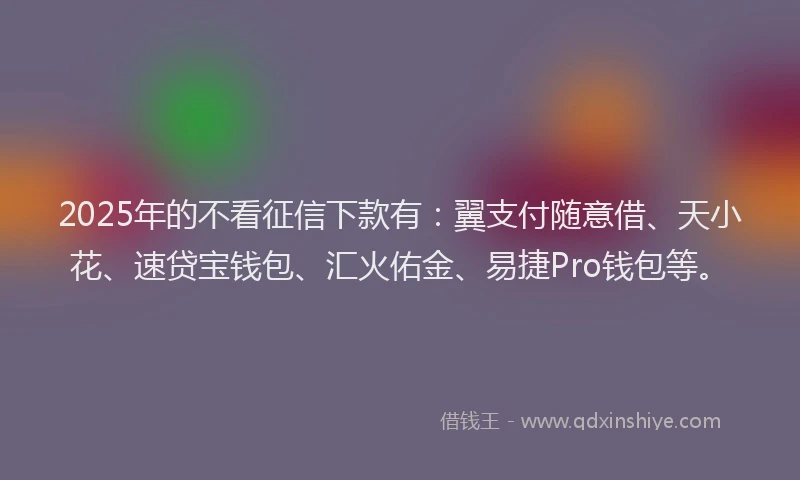 2025年的不看征信下款有：翼支付随意借、天小花、速贷宝钱包、汇火佑金、易捷Pro钱包等。