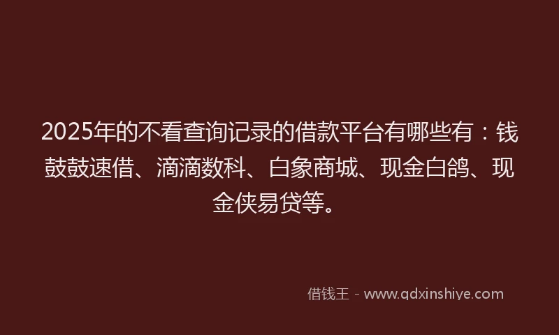 2025年的不看查询记录的借款平台有哪些有：钱鼓鼓速借、滴滴数科、白象商城、现金白鸽、现金侠易贷等。