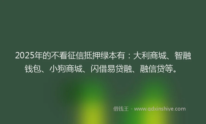2025年的不看征信抵押绿本有：大利商城、智融钱包、小狗商城、闪借易贷融、融信贷等。