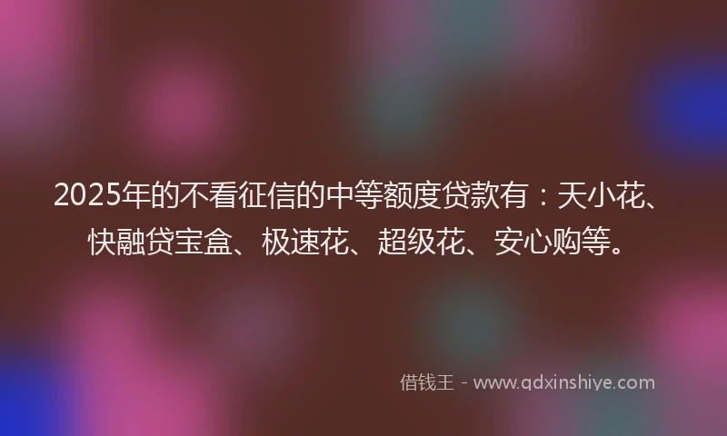 2025年的不看征信的中等额度贷款有：天小花、快融贷宝盒、极速花、超级花、安心购等。