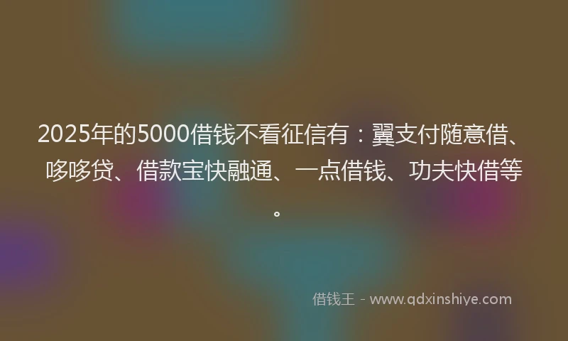 2025年的5000借钱不看征信有：翼支付随意借、哆哆贷、借款宝快融通、一点借钱、功夫快借等。