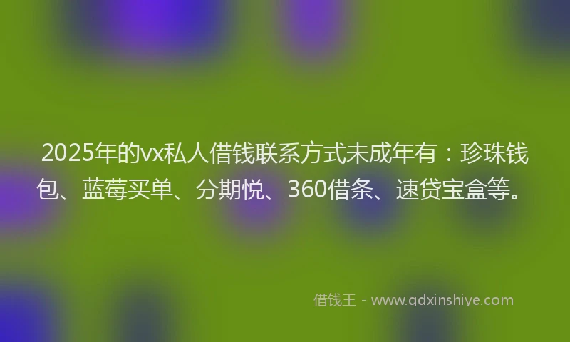 2025年的vx私人借钱联系方式未成年有：珍珠钱包、蓝莓买单、分期悦、360借条、速贷宝盒等。