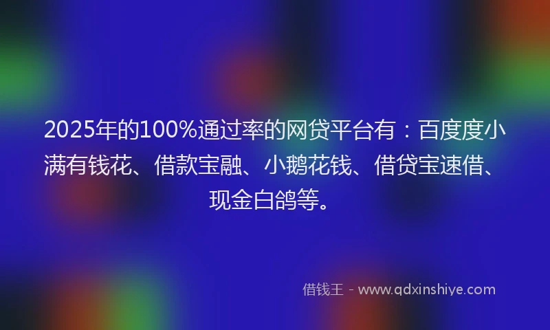 2025年的100%通过率的网贷平台有：百度度小满有钱花、借款宝融、小鹅花钱、借贷宝速借、现金白鸽等。