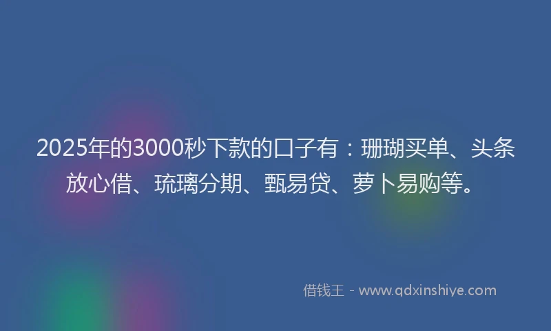 2025年的3000秒下款的口子有：珊瑚买单、头条放心借、琉璃分期、甄易贷、萝卜易购等。