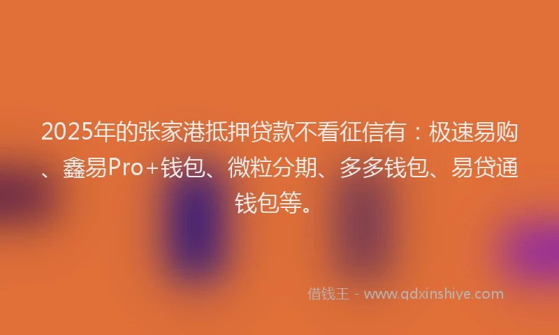 2025年的张家港抵押贷款不看征信有：极速易购、鑫易Pro+钱包、微粒分期、多多钱包、易贷通钱包等。