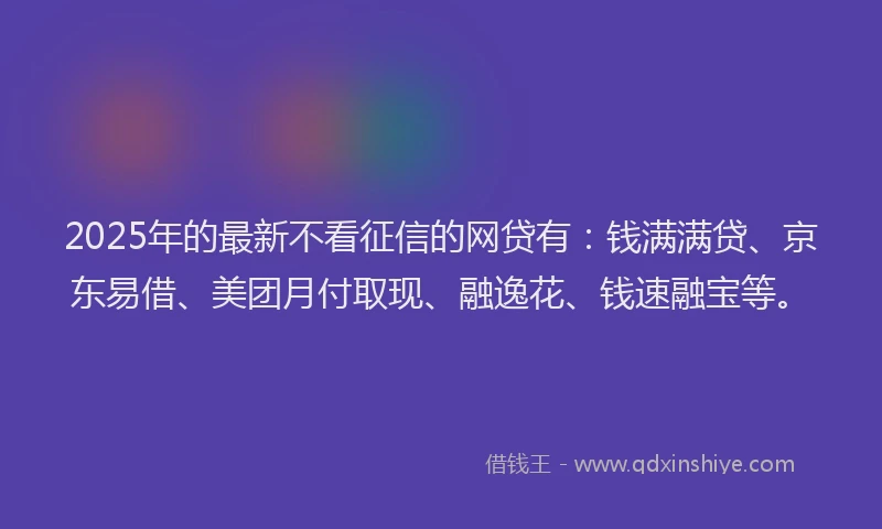 2025年的最新不看征信的网贷有：钱满满贷、京东易借、美团月付取现、融逸花、钱速融宝等。