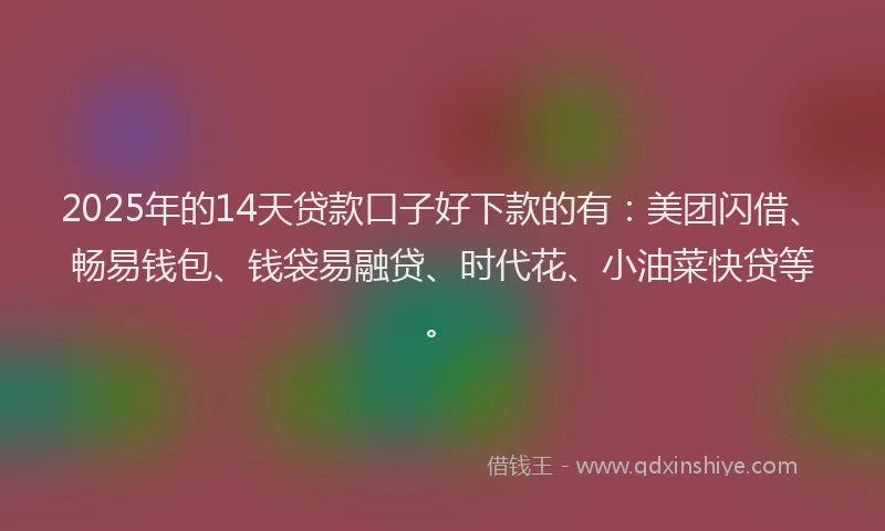 2025年的14天贷款口子好下款的有：美团闪借、畅易钱包、钱袋易融贷、时代花、小油菜快贷等。