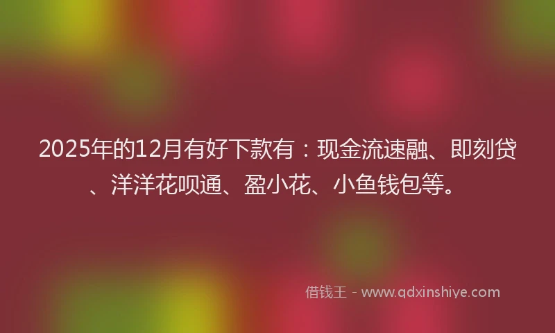 2025年的12月有好下款有：现金流速融、即刻贷、洋洋花呗通、盈小花、小鱼钱包等。