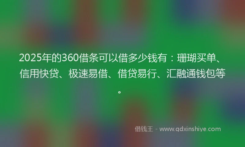 2025年的360借条可以借多少钱有：珊瑚买单、信用快贷、极速易借、借贷易行、汇融通钱包等。