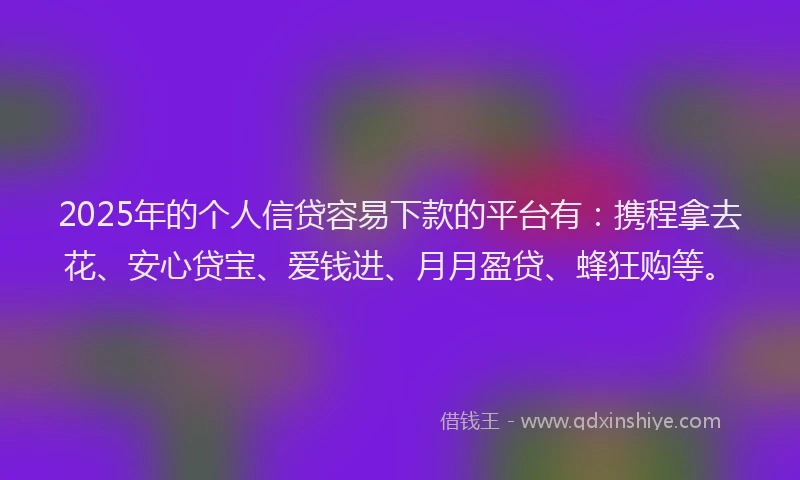 2025年的个人信贷容易下款的平台有：携程拿去花、安心贷宝、爱钱进、月月盈贷、蜂狂购等。