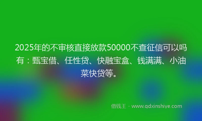 2025年的不审核直接放款50000不查征信可以吗有：甄宝借、任性贷、快融宝盒、钱满满、小油菜快贷等。