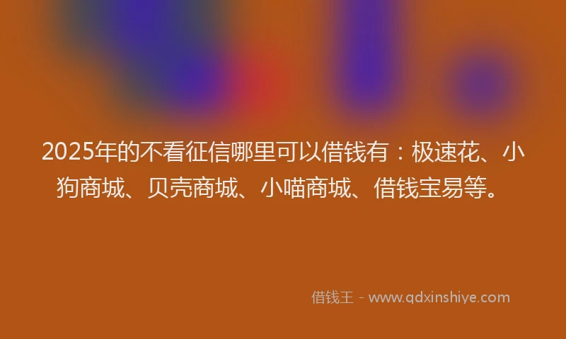2025年的不看征信哪里可以借钱有：极速花、小狗商城、贝壳商城、小喵商城、借钱宝易等。