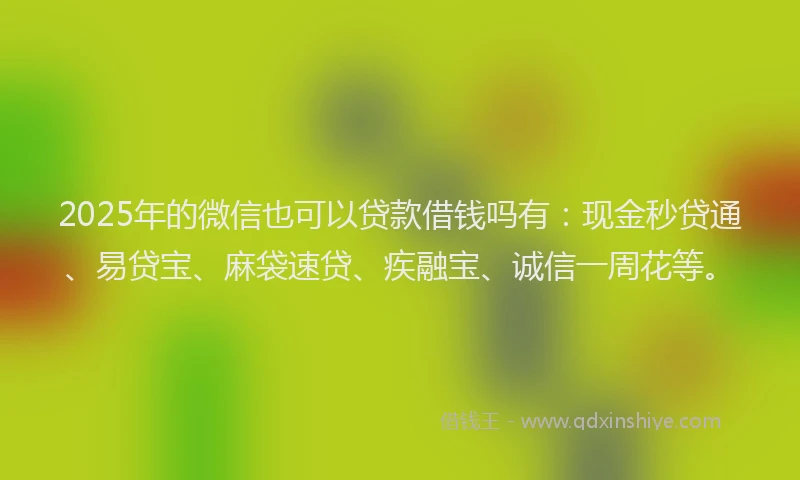 2025年的微信也可以贷款借钱吗有：现金秒贷通、易贷宝、麻袋速贷、疾融宝、诚信一周花等。