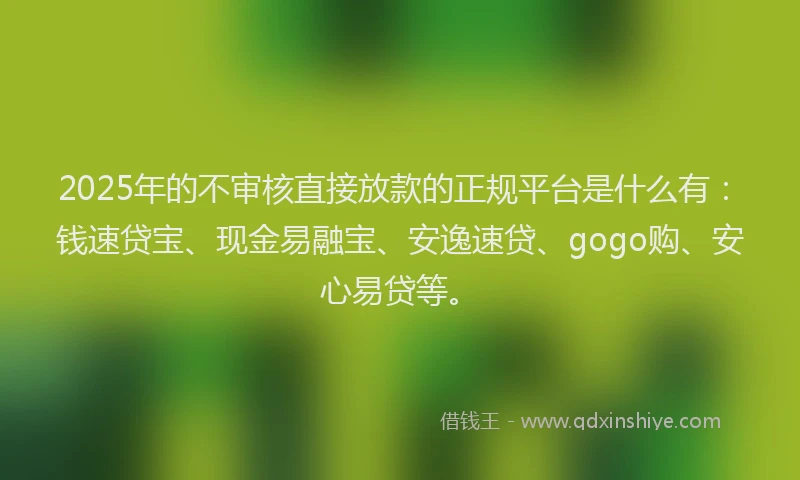 2025年的不审核直接放款的正规平台是什么有：钱速贷宝、现金易融宝、安逸速贷、gogo购、安心易贷等。