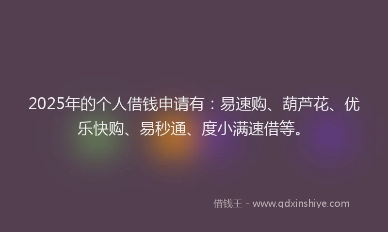 2025年的个人借钱申请有：易速购、葫芦花、优乐快购、易秒通、度小满速借等。