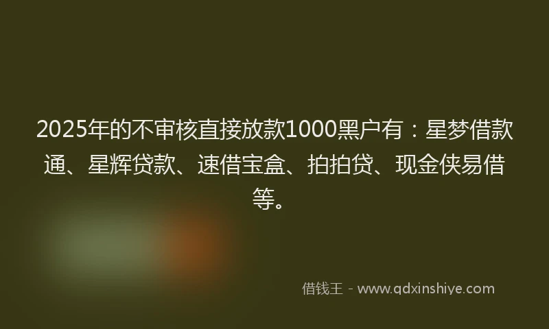 2025年的不审核直接放款1000黑户有：星梦借款通、星辉贷款、速借宝盒、拍拍贷、现金侠易借等。