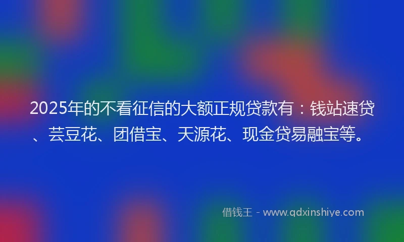 2025年的不看征信的大额正规贷款有：钱站速贷、芸豆花、团借宝、天源花、现金贷易融宝等。