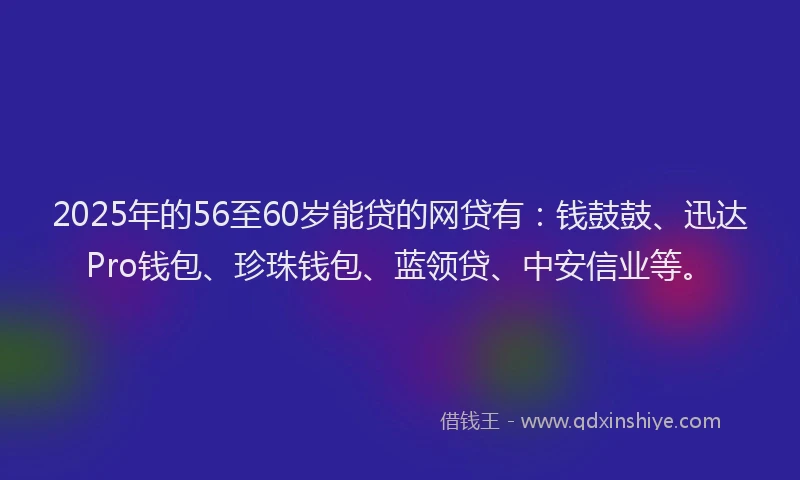 2025年的56至60岁能贷的网贷有：钱鼓鼓、迅达Pro钱包、珍珠钱包、蓝领贷、中安信业等。