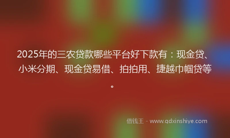 2025年的三农贷款哪些平台好下款有：现金贷、小米分期、现金贷易借、拍拍用、捷越巾帼贷等。