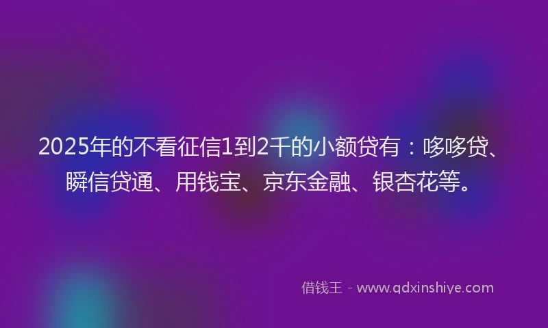 2025年的不看征信1到2千的小额贷有：哆哆贷、瞬信贷通、用钱宝、京东金融、银杏花等。