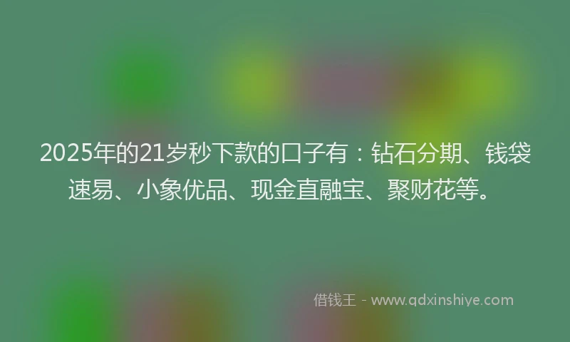 2025年的21岁秒下款的口子有：钻石分期、钱袋速易、小象优品、现金直融宝、聚财花等。