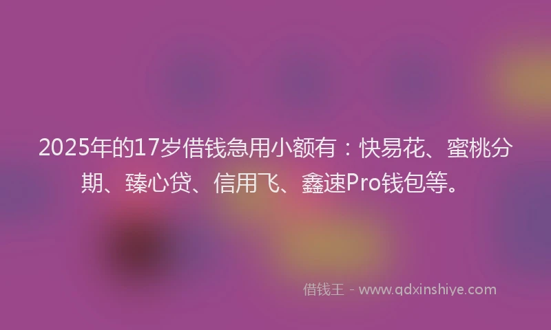 2025年的17岁借钱急用小额有：快易花、蜜桃分期、臻心贷、信用飞、鑫速Pro钱包等。
