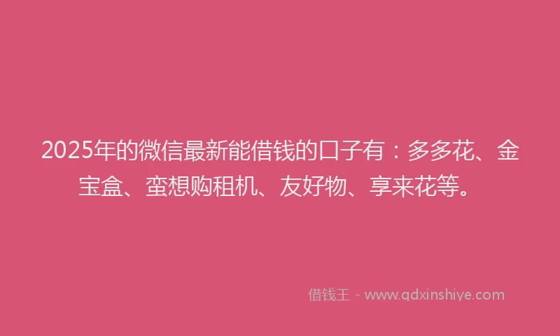 2025年的微信最新能借钱的口子有：多多花、金宝盒、蛮想购租机、友好物、享来花等。