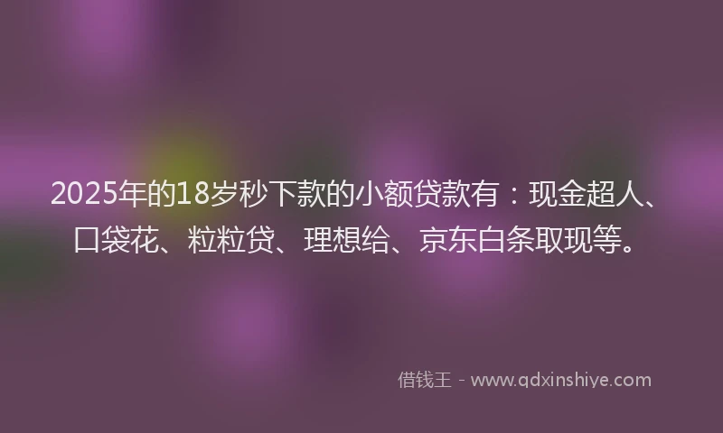 2025年的18岁秒下款的小额贷款有：现金超人、口袋花、粒粒贷、理想给、京东白条取现等。