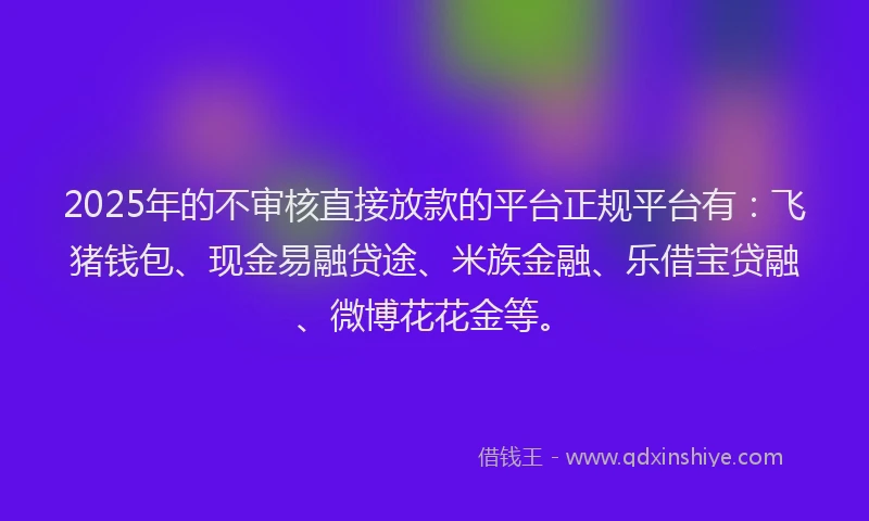 2025年的不审核直接放款的平台正规平台有：飞猪钱包、现金易融贷途、米族金融、乐借宝贷融、微博花花金等。
