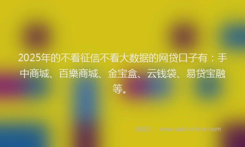 2025年的不看征信不看大数据的网贷口子有：手中商城、百樂商城、金宝盒、云钱袋、易贷宝融等。