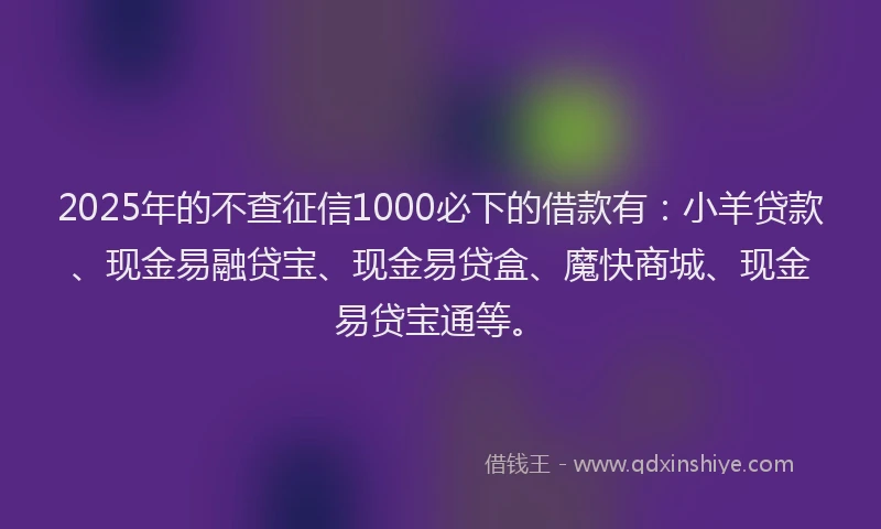 2025年的不查征信1000必下的借款有：小羊贷款、现金易融贷宝、现金易贷盒、魔快商城、现金易贷宝通等。