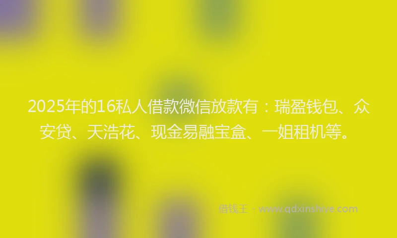 2025年的16私人借款微信放款有：瑞盈钱包、众安贷、天浩花、现金易融宝盒、一姐租机等。