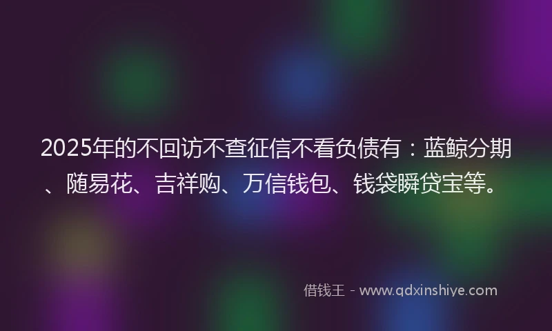 2025年的不回访不查征信不看负债有：蓝鲸分期、随易花、吉祥购、万信钱包、钱袋瞬贷宝等。