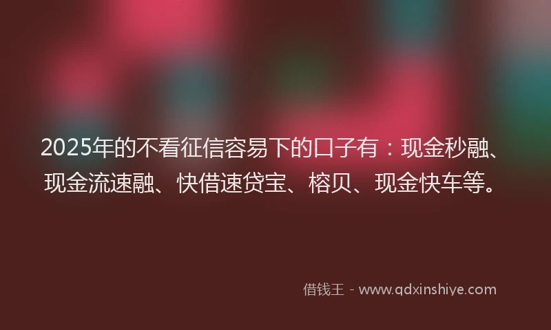 2025年的不看征信容易下的口子有：现金秒融、现金流速融、快借速贷宝、榕贝、现金快车等。