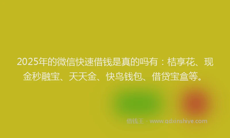 2025年的微信快速借钱是真的吗有：桔享花、现金秒融宝、天天金、快鸟钱包、借贷宝盒等。