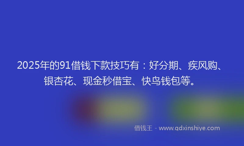 2025年的91借钱下款技巧有：好分期、疾风购、银杏花、现金秒借宝、快鸟钱包等。