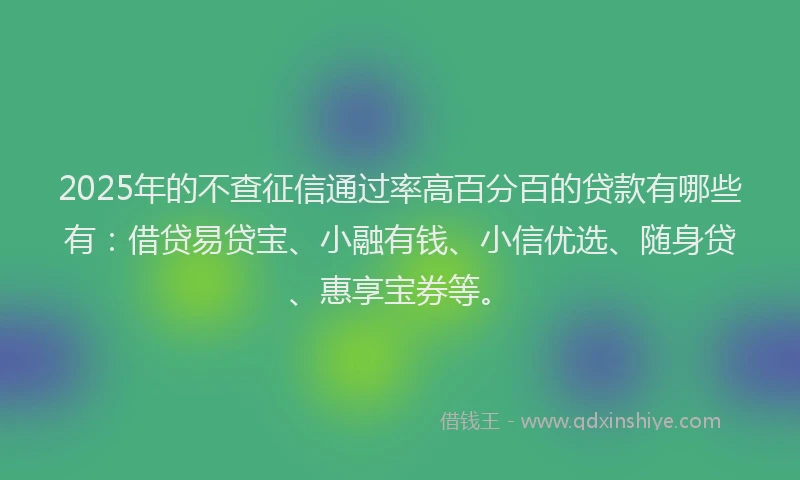 2025年的不查征信通过率高百分百的贷款有哪些有：借贷易贷宝、小融有钱、小信优选、随身贷、惠享宝券等。