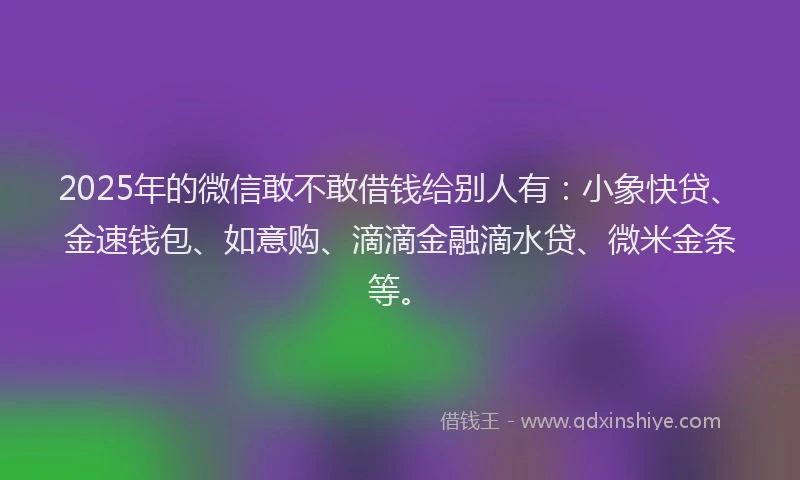 2025年的微信敢不敢借钱给别人有：小象快贷、金速钱包、如意购、滴滴金融滴水贷、微米金条等。
